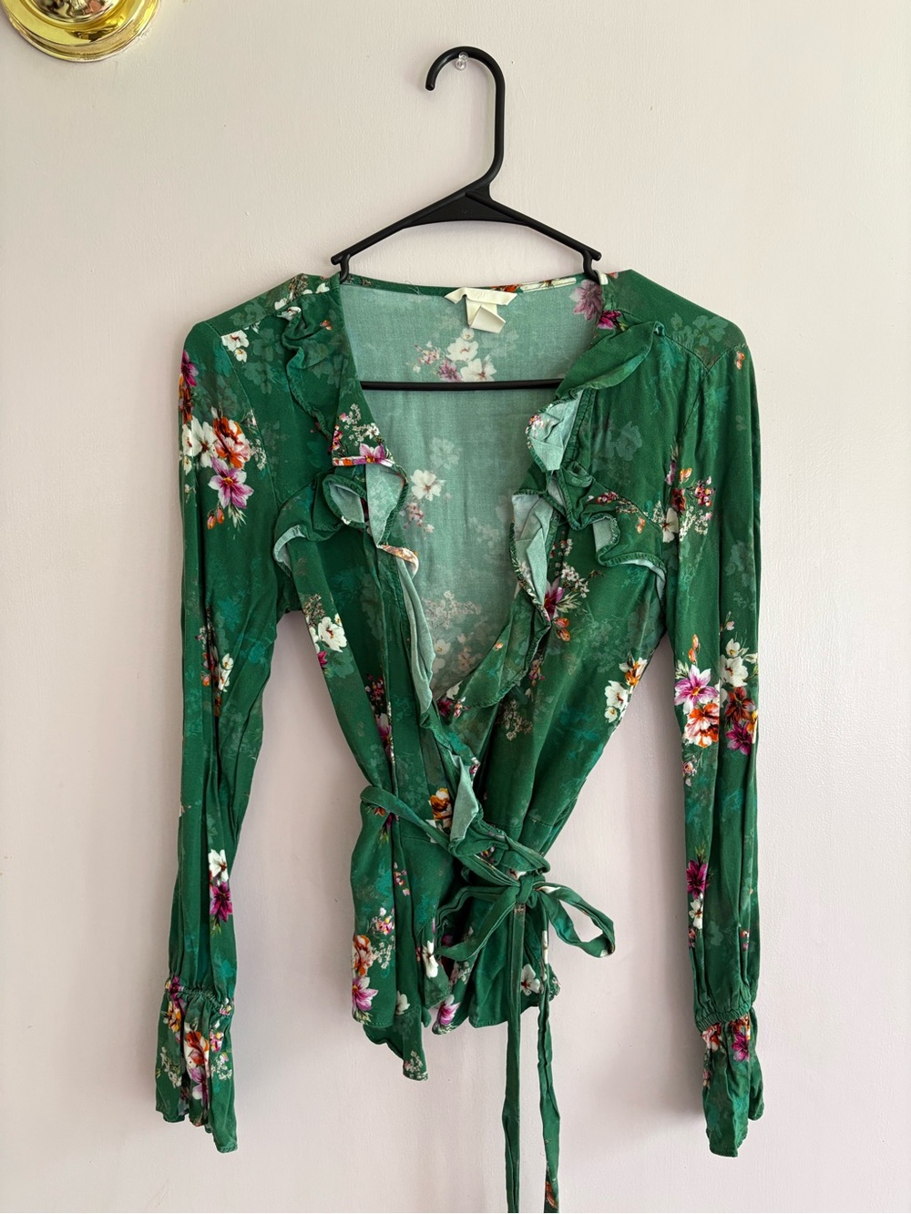 H&M Emerald Green Floral Wrap Blouse with Ruffle Trim